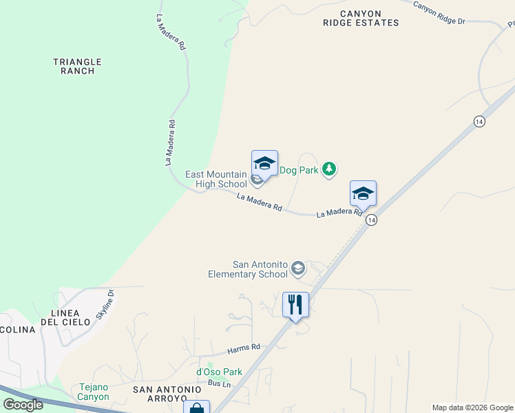map of restaurants, bars, coffee shops, grocery stores, and more near 42 La Madera Road in Sandia Park