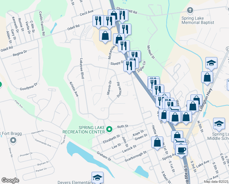 map of restaurants, bars, coffee shops, grocery stores, and more near 104 Angus Court in Spring Lake