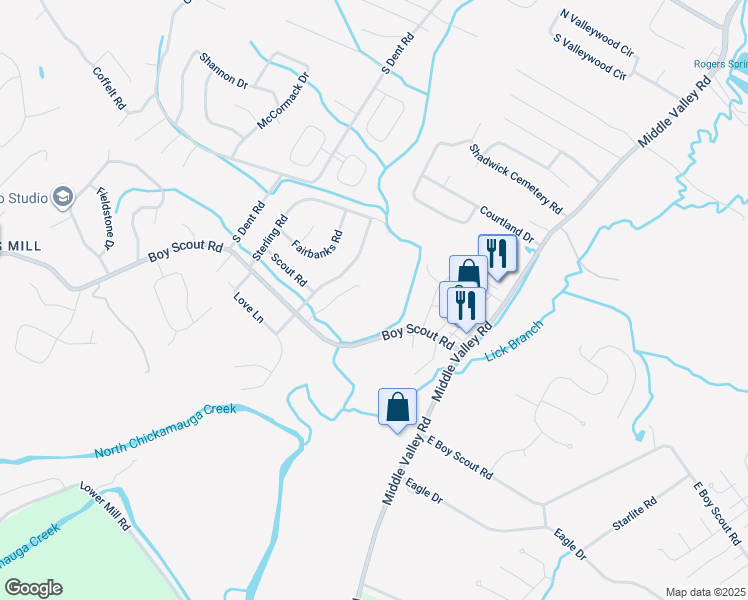 map of restaurants, bars, coffee shops, grocery stores, and more near 1437 Boy Scout Road in Middle Valley