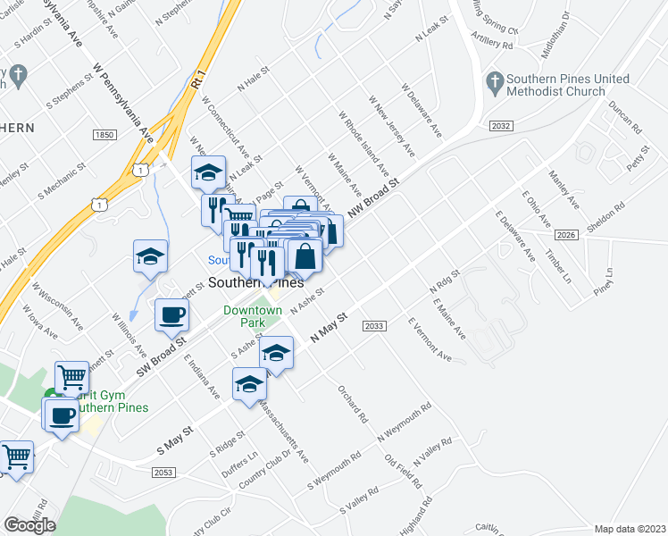 map of restaurants, bars, coffee shops, grocery stores, and more near 199 State Road 2033 in Southern Pines