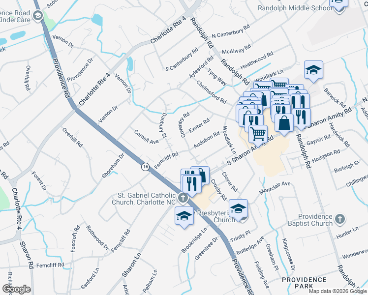 map of restaurants, bars, coffee shops, grocery stores, and more near 1610 Coventry Road in Charlotte