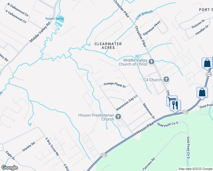 map of restaurants, bars, coffee shops, grocery stores, and more near 6516 Orange Plank Drive in Middle Valley