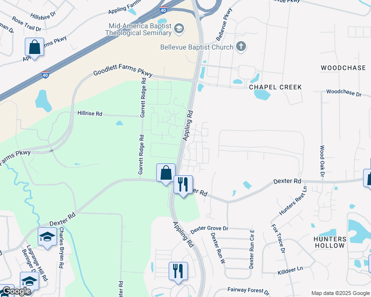 map of restaurants, bars, coffee shops, grocery stores, and more near 1800 Appling Road in Memphis