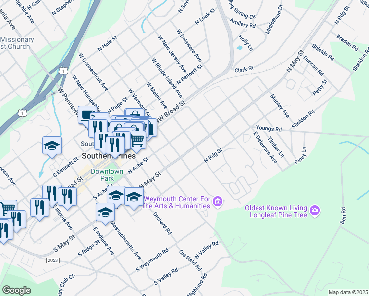 map of restaurants, bars, coffee shops, grocery stores, and more near 477 North Ashe Street in Southern Pines