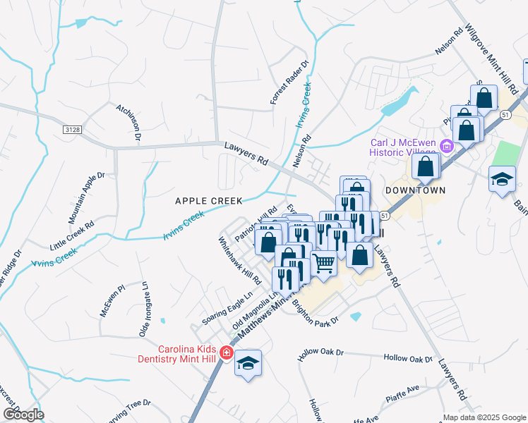 map of restaurants, bars, coffee shops, grocery stores, and more near 4431 Patriots Hill Road in Mint Hill