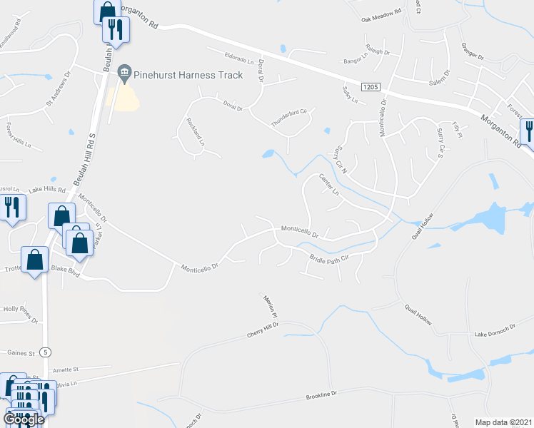 map of restaurants, bars, coffee shops, grocery stores, and more near 6 Apaloosa Place in Pinehurst
