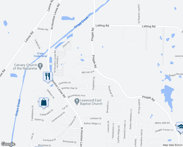 map of restaurants, bars, coffee shops, grocery stores, and more near 10101 Mill Hill Avenue in Shelby