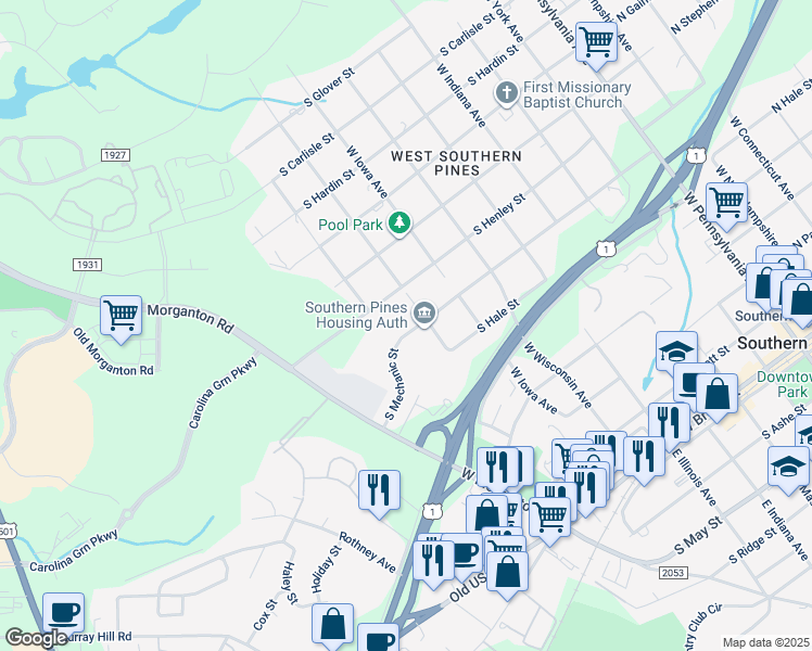 map of restaurants, bars, coffee shops, grocery stores, and more near 806 South Mechanic Street in Southern Pines