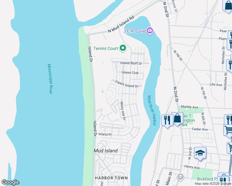 map of restaurants, bars, coffee shops, grocery stores, and more near Isle Bay Dr & Island Pointe in Memphis