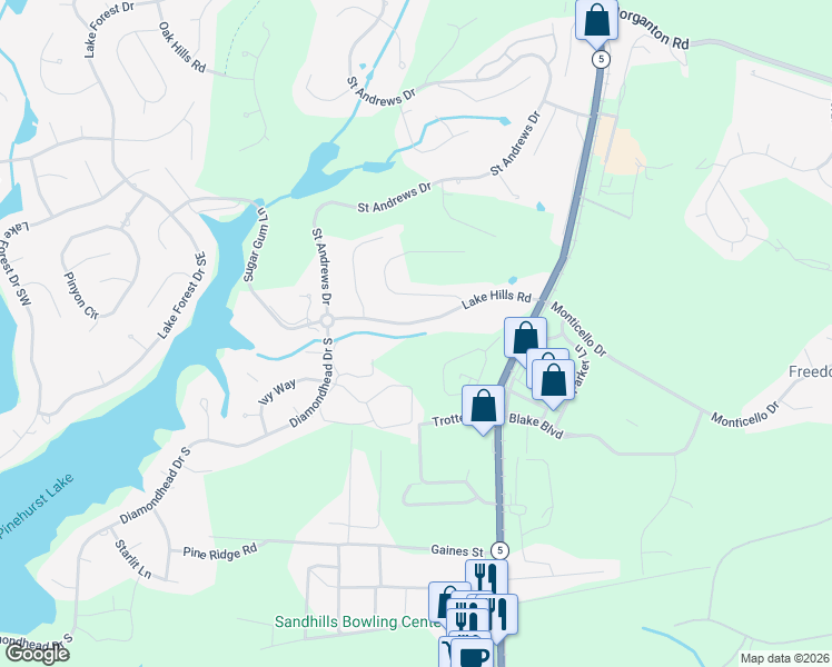 map of restaurants, bars, coffee shops, grocery stores, and more near 155 Lake Hills Road in Pinehurst