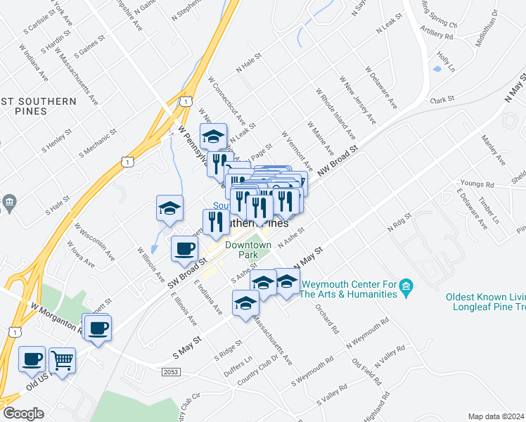 map of restaurants, bars, coffee shops, grocery stores, and more near 150 Northwest Broad Street in Southern Pines