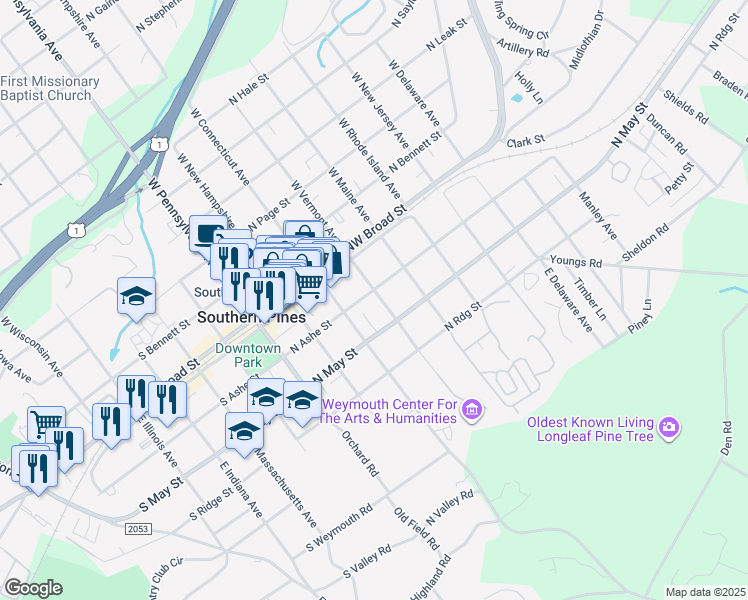 map of restaurants, bars, coffee shops, grocery stores, and more near 160 East Vermont Avenue in Southern Pines