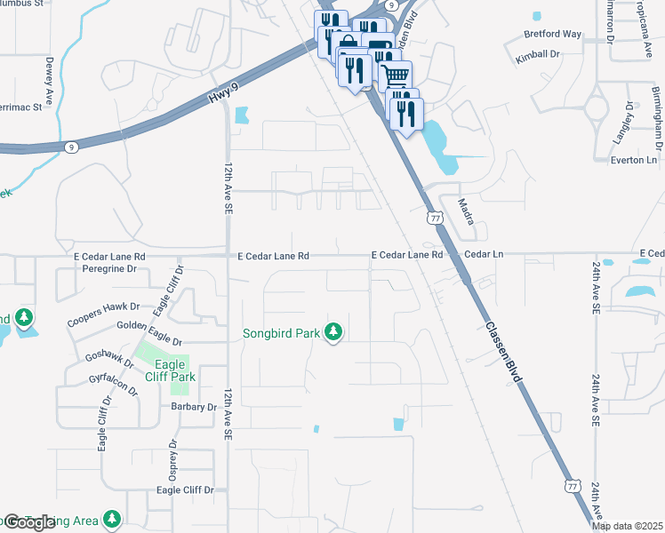 map of restaurants, bars, coffee shops, grocery stores, and more near 1502 East Cedar Lane Road in Norman