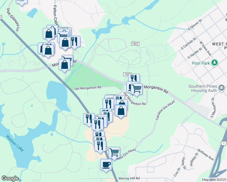 map of restaurants, bars, coffee shops, grocery stores, and more near 101 Brucewood Road in Southern Pines