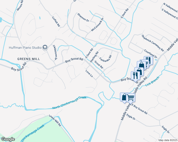map of restaurants, bars, coffee shops, grocery stores, and more near 6914 Love Lane in Middle Valley