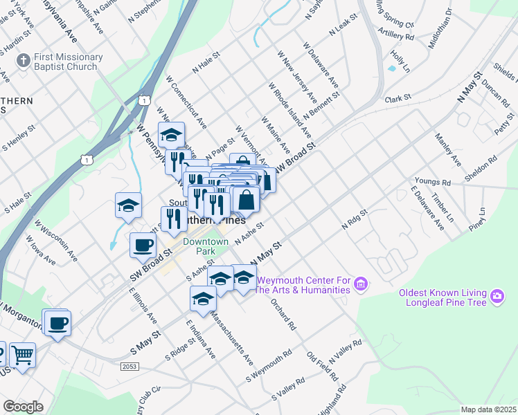 map of restaurants, bars, coffee shops, grocery stores, and more near 130 East Connecticut Avenue in Southern Pines