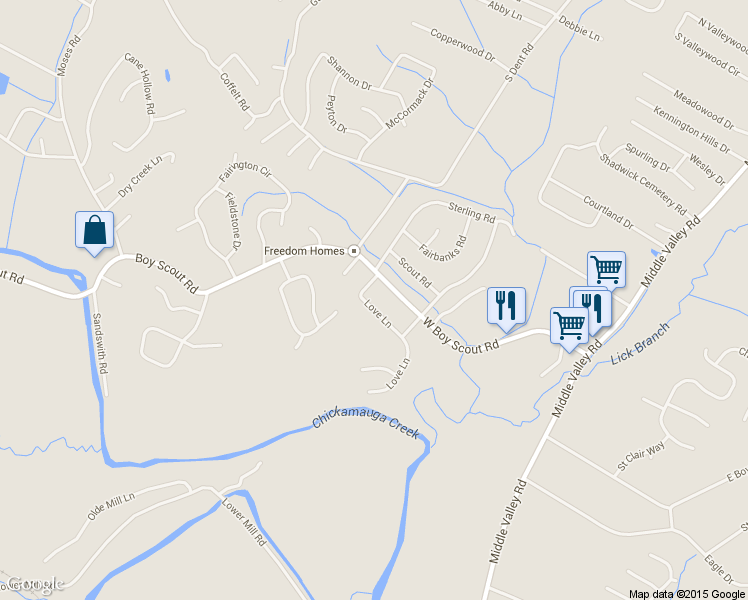 map of restaurants, bars, coffee shops, grocery stores, and more near 6914 Love Lane in Middle Valley