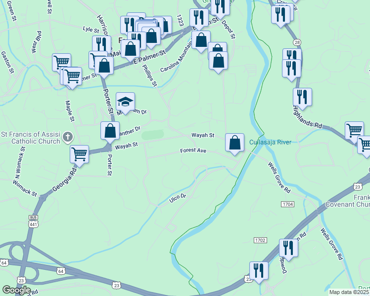 map of restaurants, bars, coffee shops, grocery stores, and more near 190 Forest Avenue in Franklin