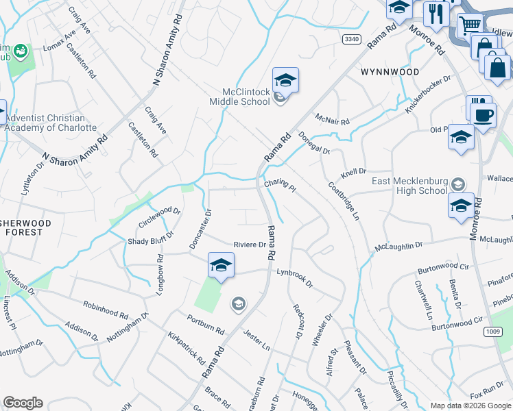 map of restaurants, bars, coffee shops, grocery stores, and more near 1525 Rama Road in Charlotte