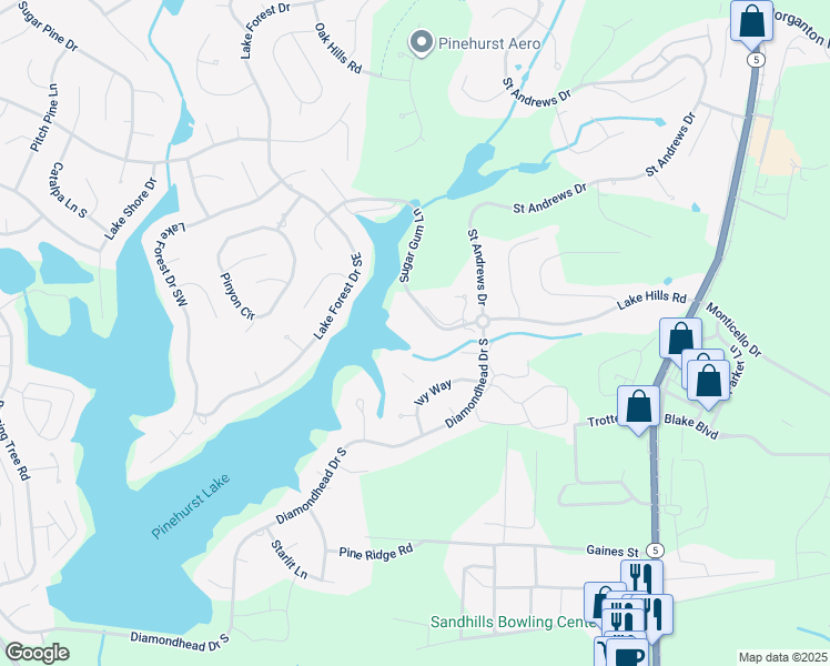 map of restaurants, bars, coffee shops, grocery stores, and more near 250 Sugar Gum Lane in Pinehurst