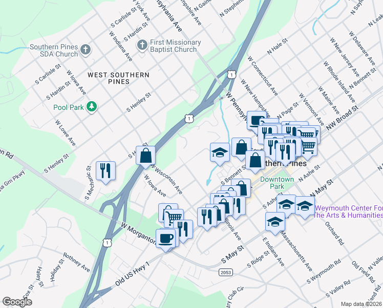 map of restaurants, bars, coffee shops, grocery stores, and more near 440 Kensington Road in Southern Pines