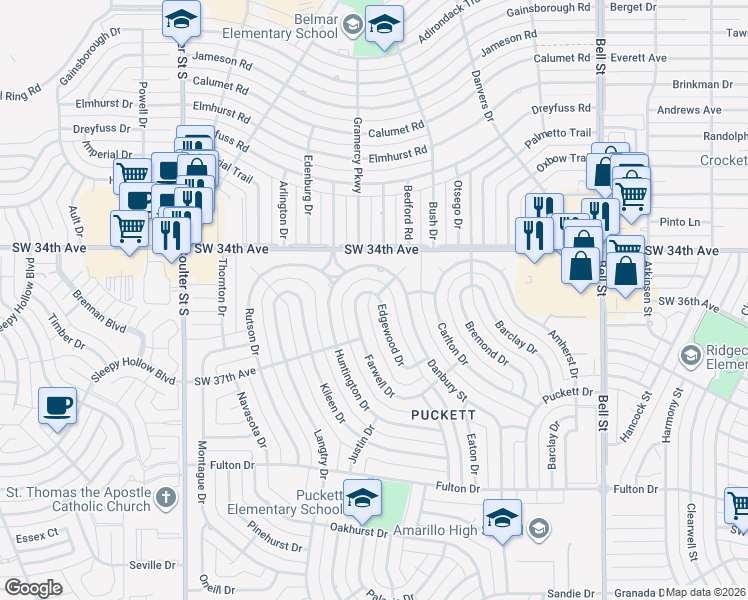 map of restaurants, bars, coffee shops, grocery stores, and more near SW 35th Ave in Amarillo