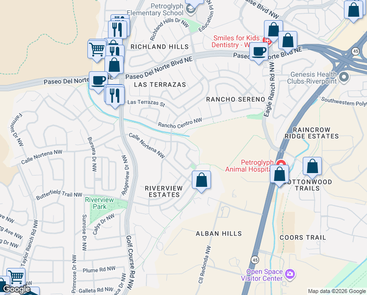 map of restaurants, bars, coffee shops, grocery stores, and more near 4228 Rancho Alegre Road Northwest in Albuquerque