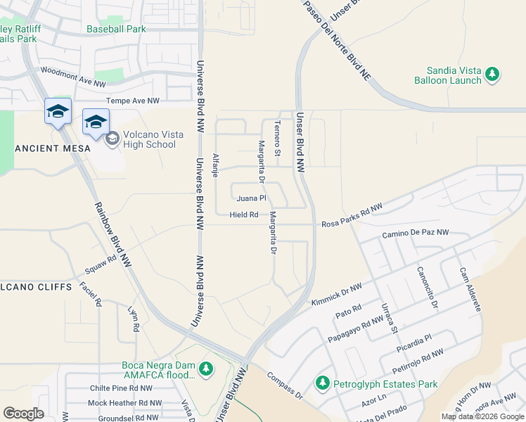 map of restaurants, bars, coffee shops, grocery stores, and more near 99999 Hielo Road in Albuquerque