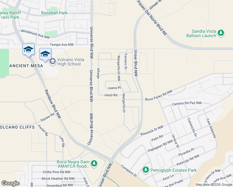 map of restaurants, bars, coffee shops, grocery stores, and more near 99999 Juana Place in Albuquerque