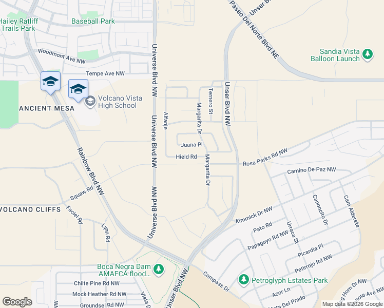 map of restaurants, bars, coffee shops, grocery stores, and more near 99999 Juana Place in Albuquerque