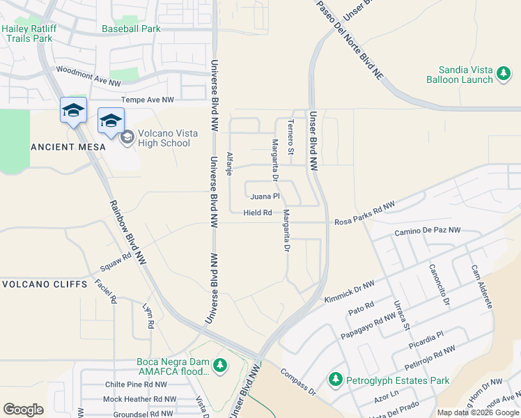 map of restaurants, bars, coffee shops, grocery stores, and more near 99999 Juana Place in Albuquerque