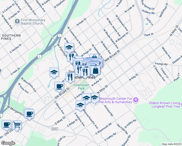 map of restaurants, bars, coffee shops, grocery stores, and more near 235 Northwest Broad Street in Southern Pines