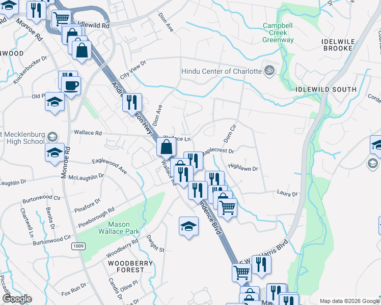 map of restaurants, bars, coffee shops, grocery stores, and more near 7310 Briardale Drive in Charlotte