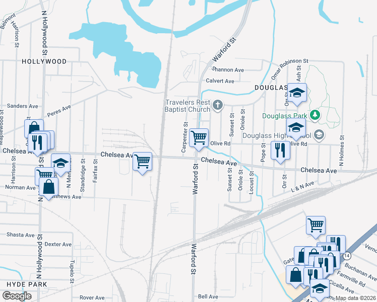 map of restaurants, bars, coffee shops, grocery stores, and more near 1553 Warford Street in Memphis