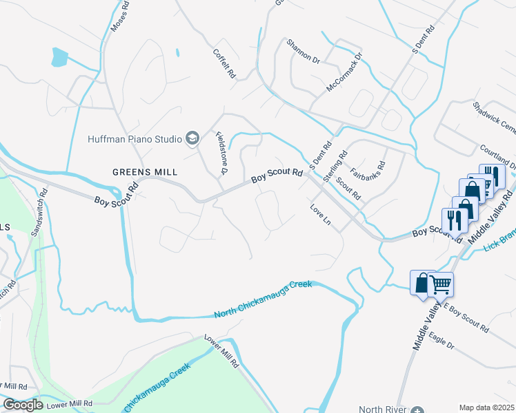 map of restaurants, bars, coffee shops, grocery stores, and more near 7173 Crestfield Circle in Middle Valley