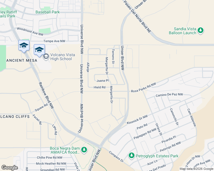 map of restaurants, bars, coffee shops, grocery stores, and more near 99999 Hielo Road in Albuquerque