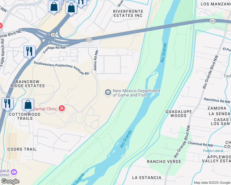 map of restaurants, bars, coffee shops, grocery stores, and more near 7816 Alamo Road Northwest in Albuquerque