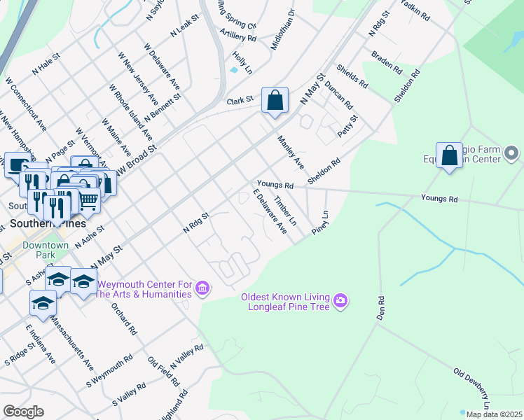 map of restaurants, bars, coffee shops, grocery stores, and more near 26 South Shibui Road in Southern Pines