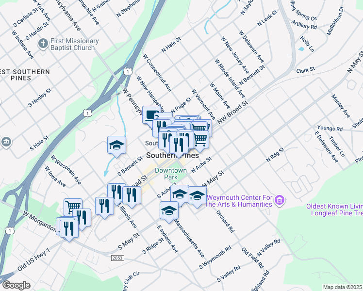 map of restaurants, bars, coffee shops, grocery stores, and more near 10 Camelia Way in Southern Pines
