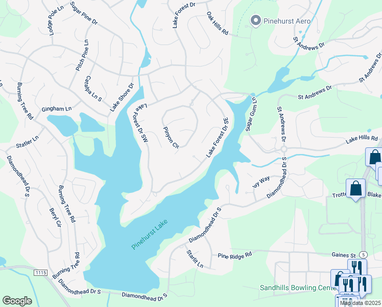 map of restaurants, bars, coffee shops, grocery stores, and more near 115 Pinyon Circle in Pinehurst