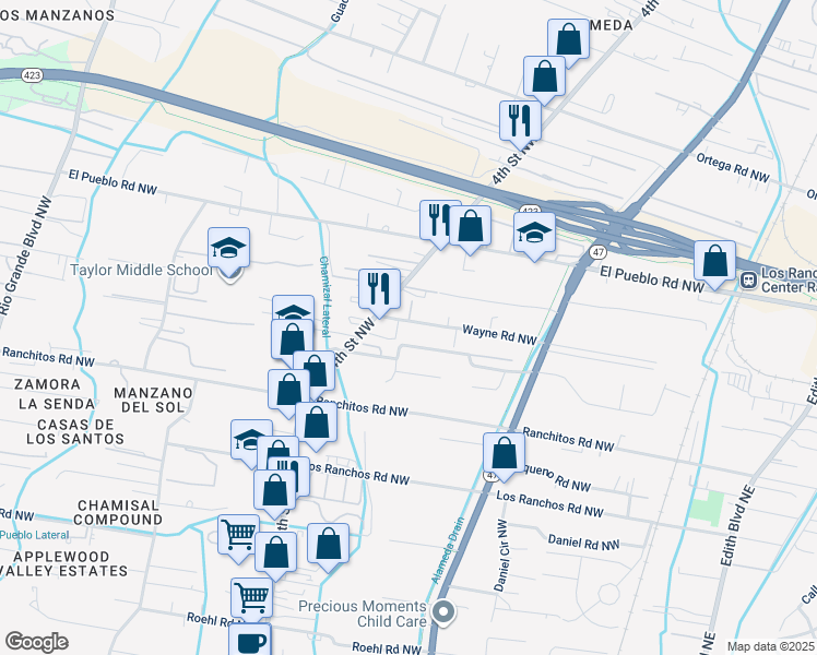 map of restaurants, bars, coffee shops, grocery stores, and more near 314 Wayne Road Northwest in Los Ranchos de Albuquerque