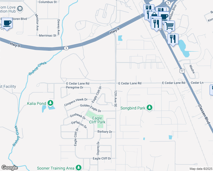 map of restaurants, bars, coffee shops, grocery stores, and more near 1013 Merlin Drive in Norman