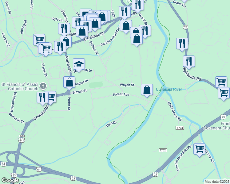 map of restaurants, bars, coffee shops, grocery stores, and more near 190 Forest Avenue in Franklin