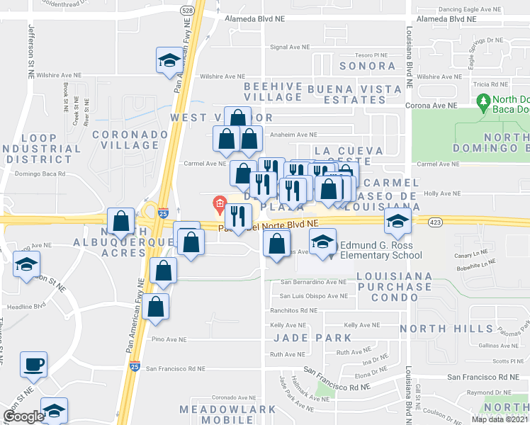 map of restaurants, bars, coffee shops, grocery stores, and more near San Pedro Drive Northeast in Albuquerque