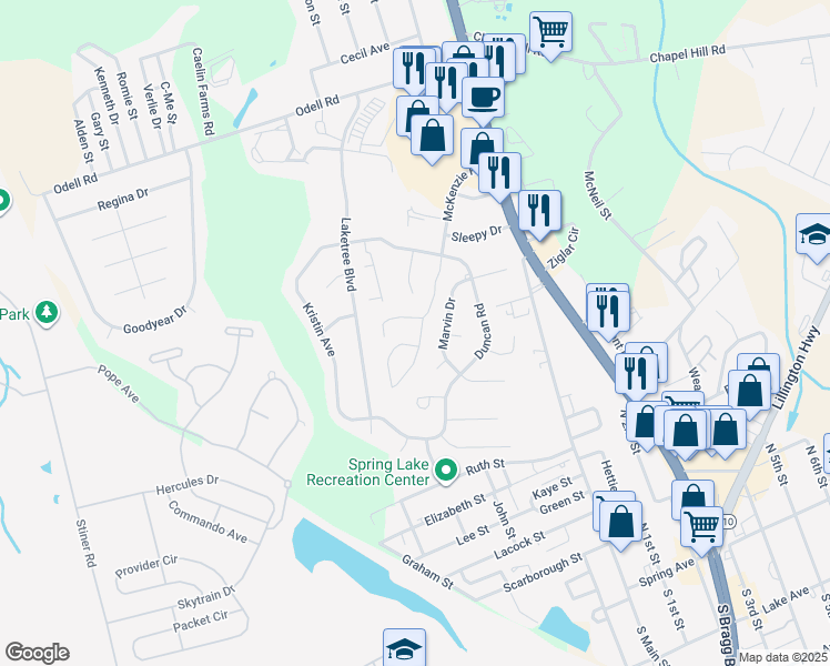 map of restaurants, bars, coffee shops, grocery stores, and more near 201 McKenzie Road in Spring Lake