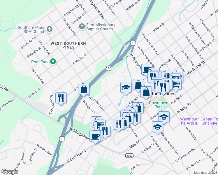 map of restaurants, bars, coffee shops, grocery stores, and more near 440 Kensington Road in Southern Pines