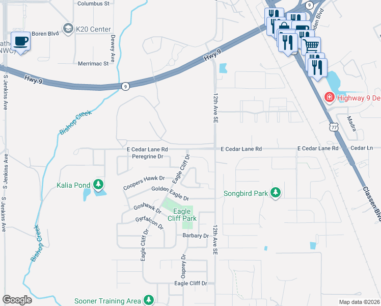map of restaurants, bars, coffee shops, grocery stores, and more near 1013 Merlin Drive in Norman