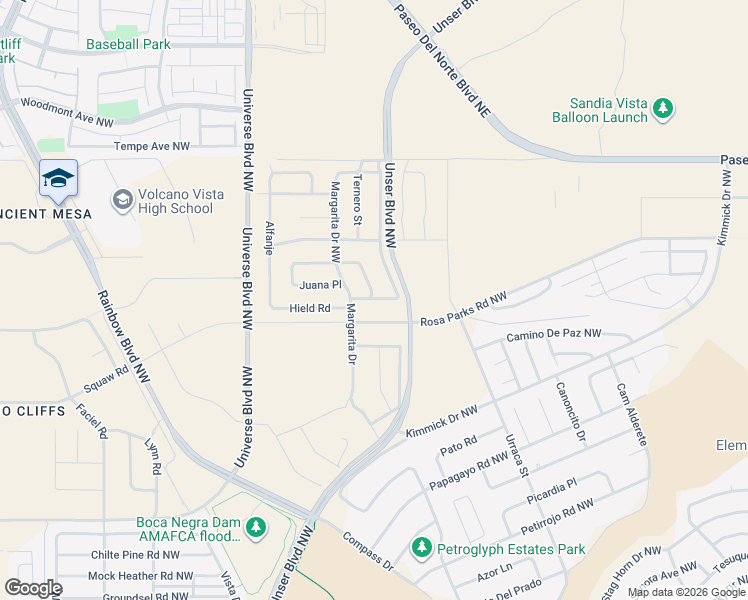 map of restaurants, bars, coffee shops, grocery stores, and more near Hielo Road in Albuquerque