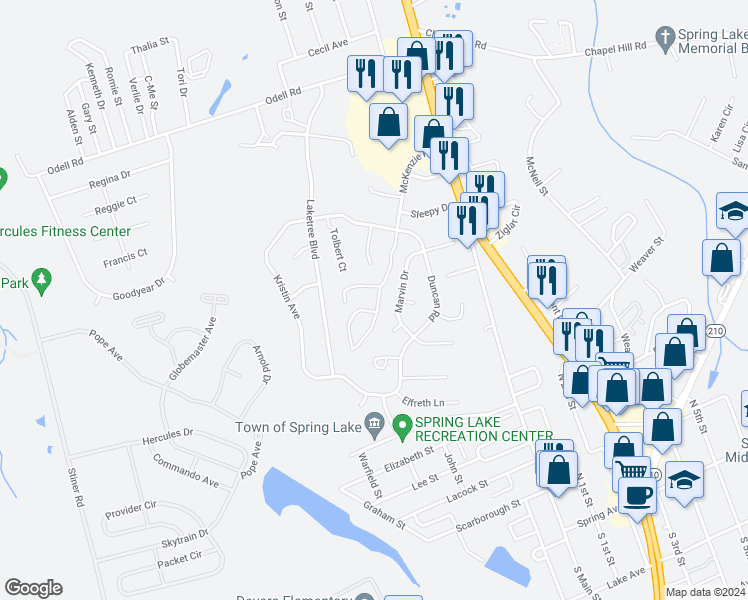map of restaurants, bars, coffee shops, grocery stores, and more near 201 McKenzie Road in Spring Lake