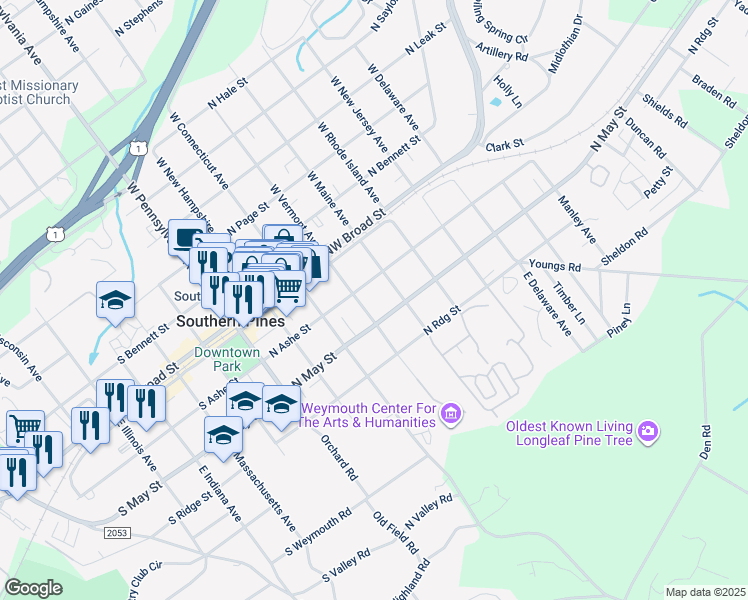 map of restaurants, bars, coffee shops, grocery stores, and more near 477 North Ashe Street in Southern Pines